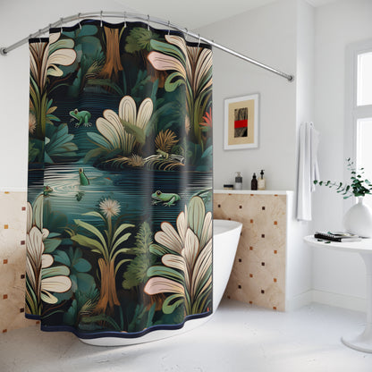 Nature-Inspired Shower Curtain with Frogs and Plants Design | Tropical Bathroom Decor