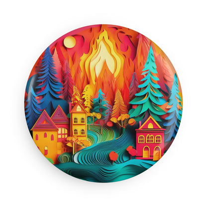 Forest Village Fire Round Button Magnet, Evergreen Trees Creek Fire Fridge Magnet, Nature Lover Gift, Kitchen Decor, Refrigerator