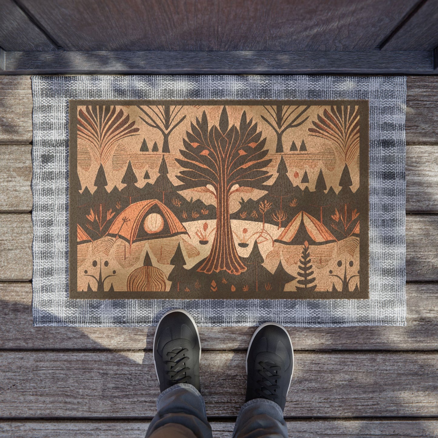 Evergreen Forest Camping Doormat — Tents & Pines Outdoor Welcome Mat