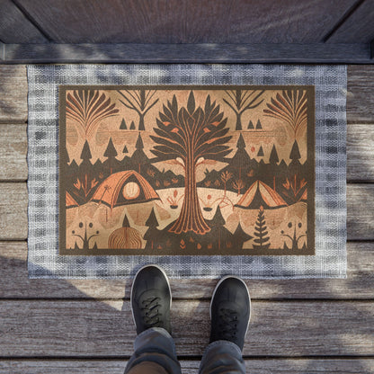 Evergreen Forest Camping Doormat — Tents & Pines Outdoor Welcome Mat