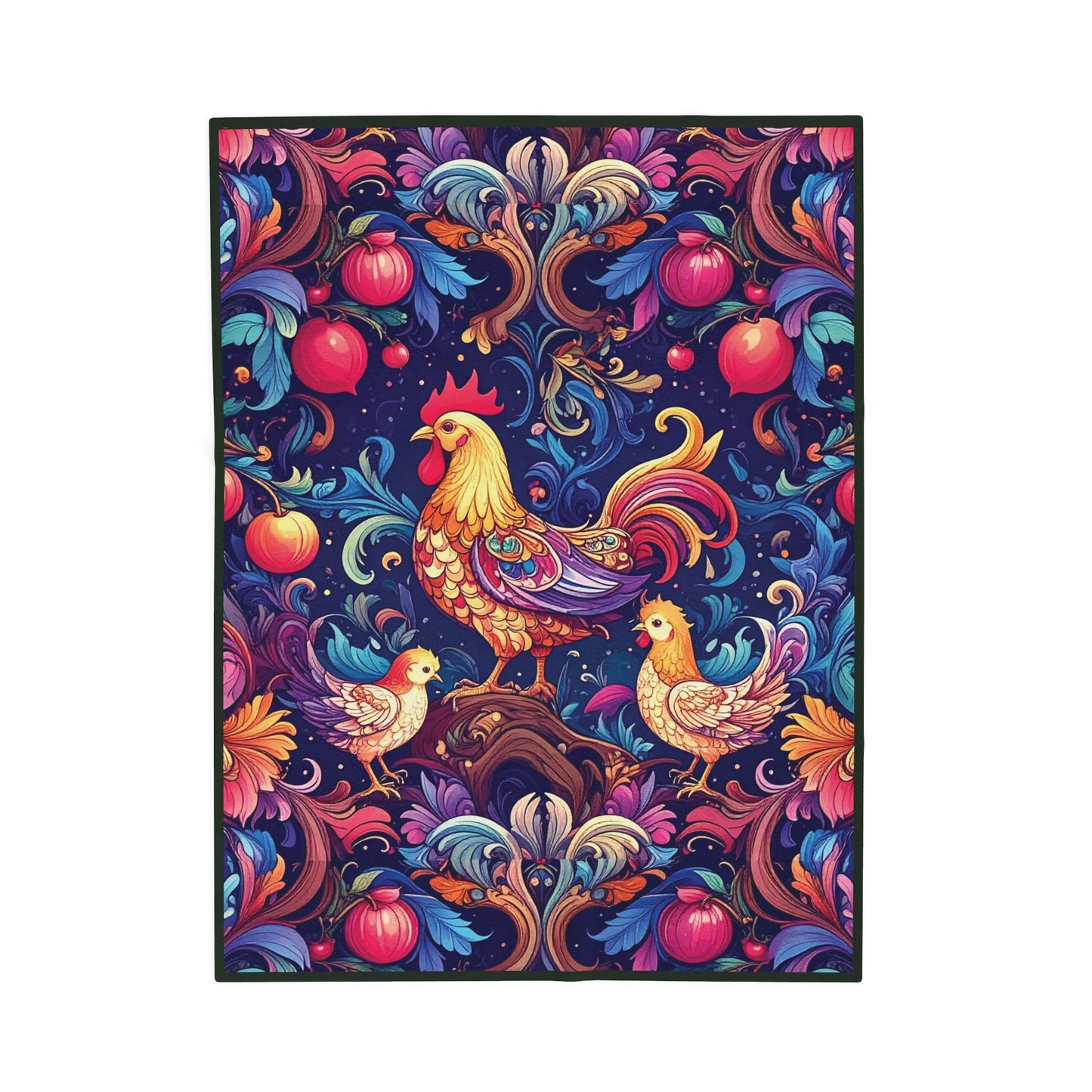 Colorful Rooster and Chicks Velveteen Plush Blanket | Folk Floral Pattern