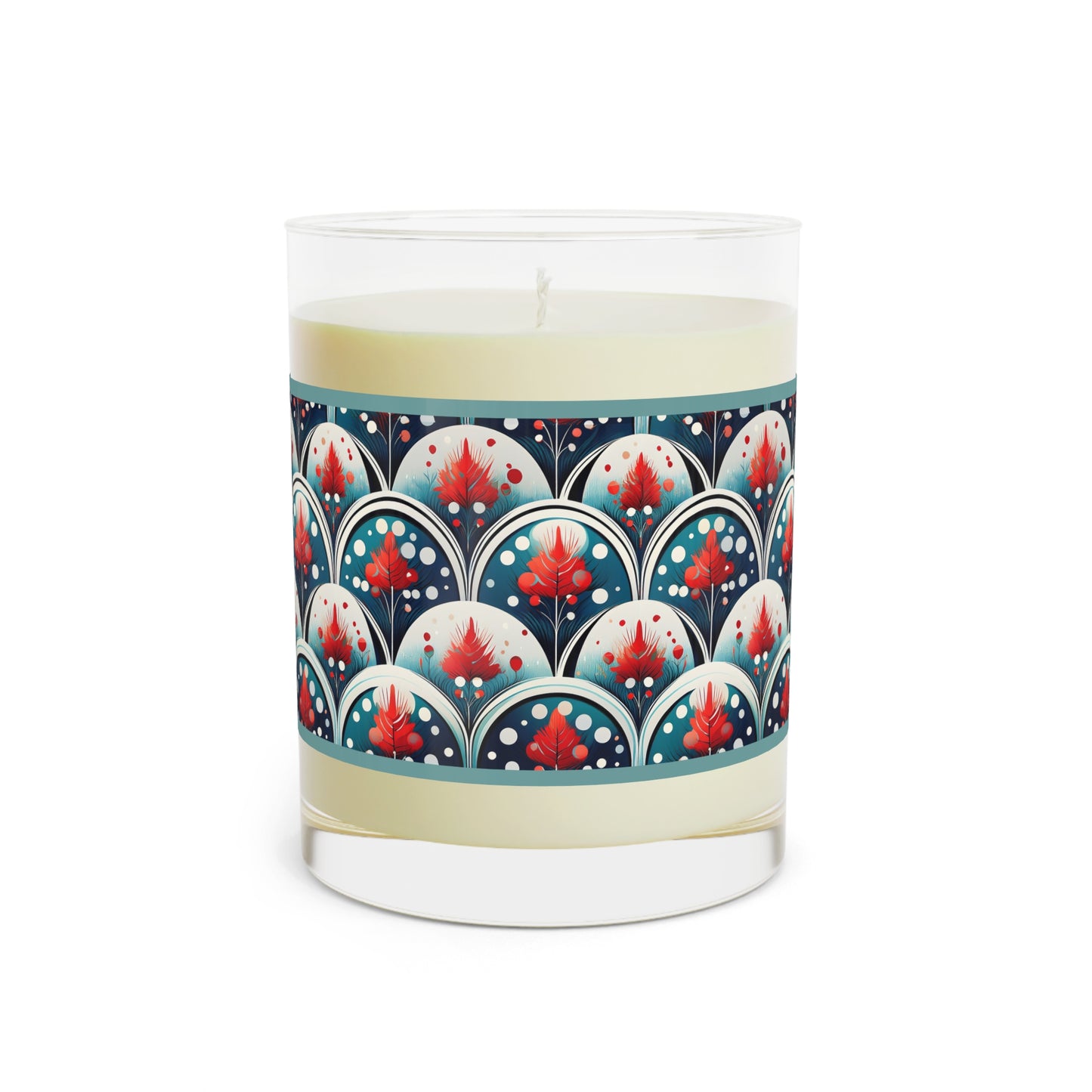 Scented Candle — 11oz Glass Candle with Red Floral Art Deco Pattern