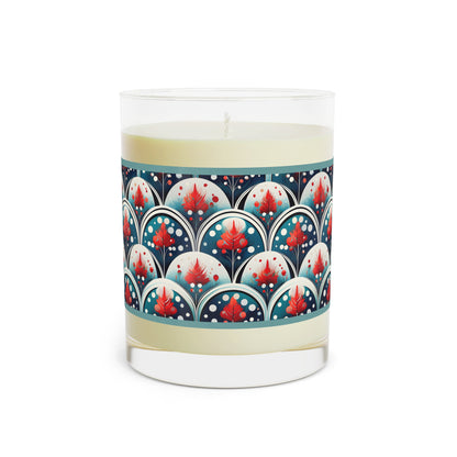 Scented Candle — 11oz Glass Candle with Red Floral Art Deco Pattern
