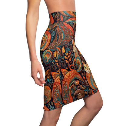 Bohemian Cat Print Women's Pencil Skirt - Stylish & Unique Fashion Statement