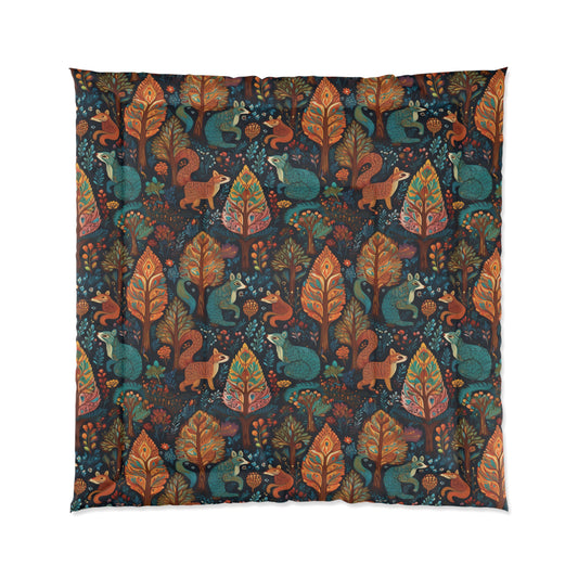 Woodland Critter Comforter - Autumn Fox & Squirrel Pattern Cozy Bedding
