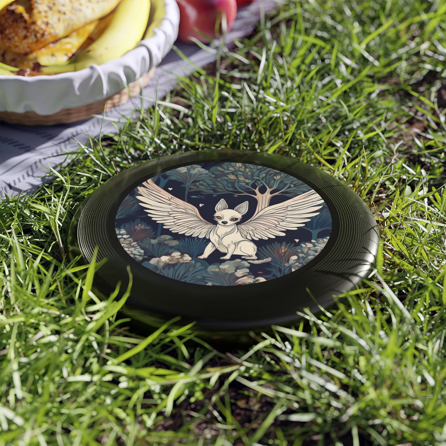 Artistic Frisbee with Whimsical Flying Dog and Orchard Design, Outdoor Fun, Gift for Nature Lovers, Unique Frisbee for Kids & Adults