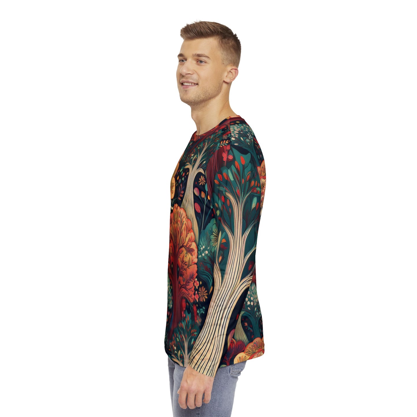 Nature-Inspired Men’s Long Sleeve Shirt - Vibrant Forest Design for Casual Style