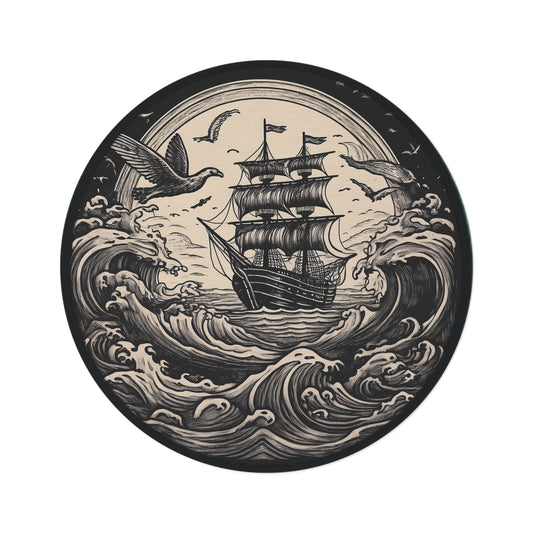 Nautical Round Rug for Coastal Decor, Vintage Maritime Carpet, Home Accent, Beach-Themed Living Room, Gift for Sailor