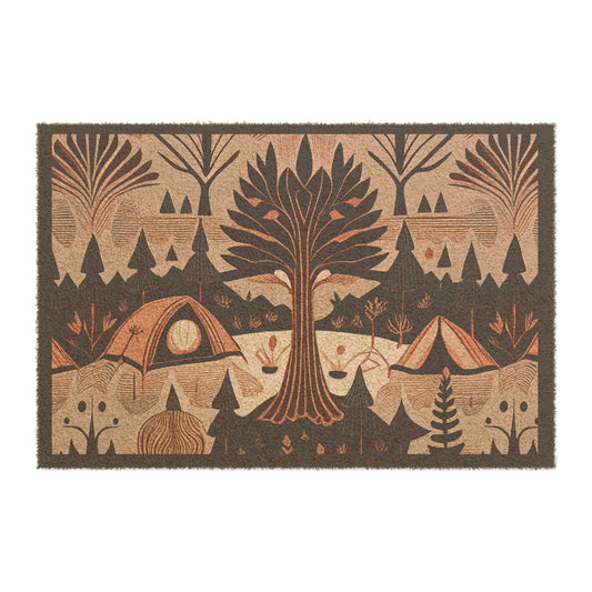 Evergreen Forest Camping Doormat — Tents & Pines Outdoor Welcome Mat