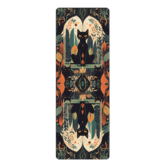 Black Cat Botanical Rubber Yoga Mat — Non‑Slip Floral Meditation Mat