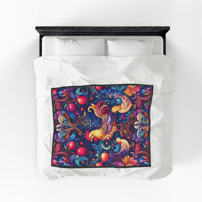 Colorful Rooster and Chicks Velveteen Plush Blanket | Folk Floral Pattern
