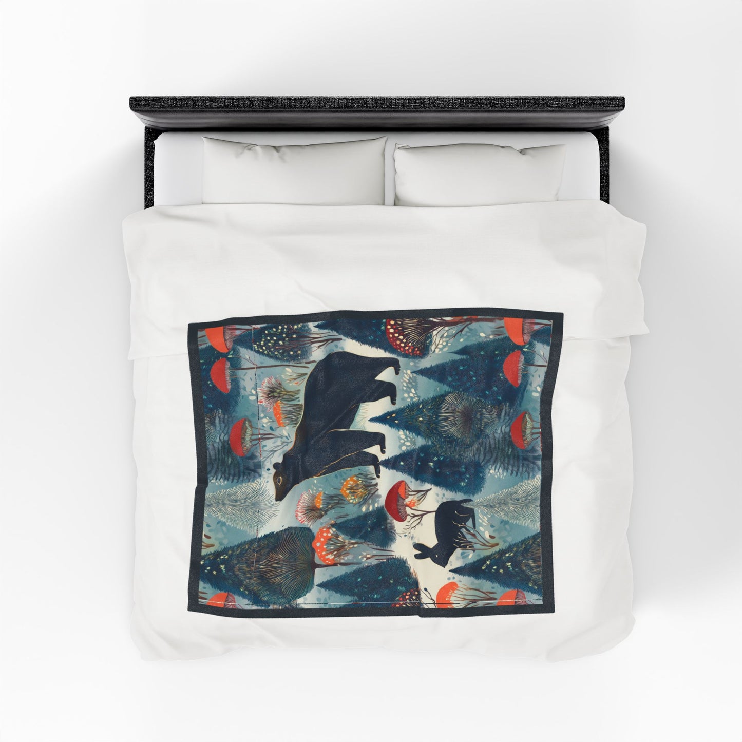 Winter Forest Bear & Rabbit Plush Blanket — Cozy Woodland Throw with Evergreen, Bear, Rabbit & Mushroom Design