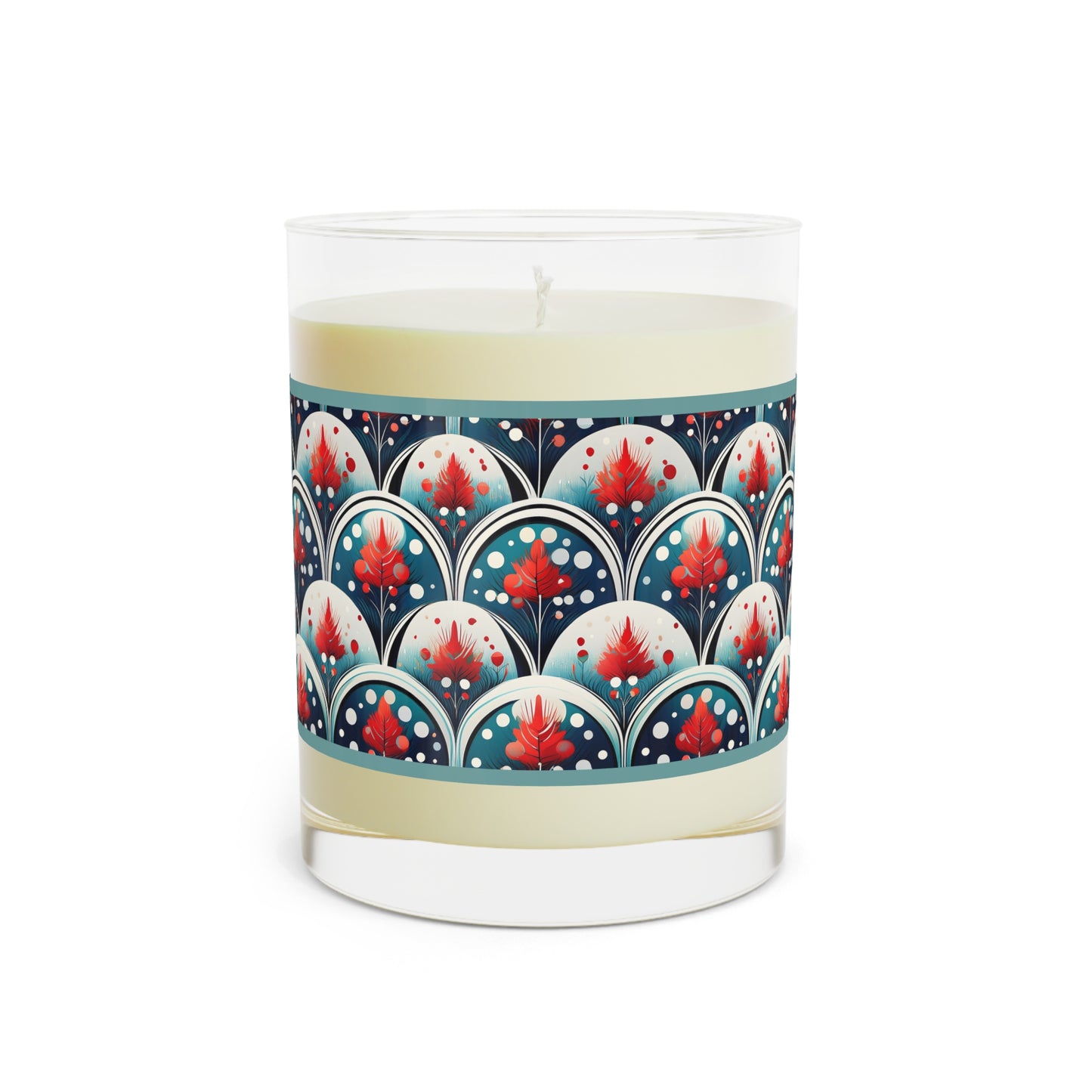 Scented Candle — 11oz Glass Candle with Red Floral Art Deco Pattern
