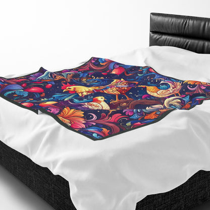 Colorful Rooster and Chicks Velveteen Plush Blanket | Folk Floral Pattern