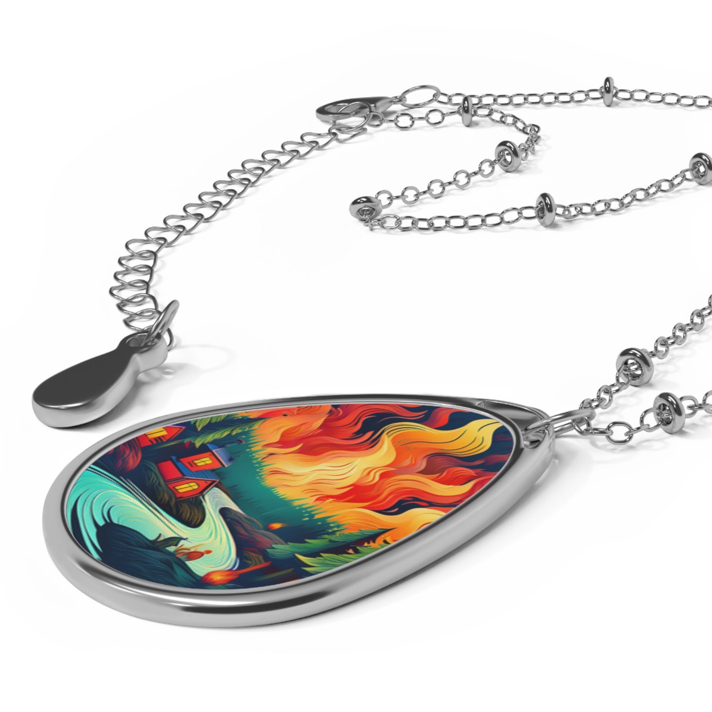 Forest Fire Oval Pendant, Woodland Jewelry, Unique Nature Gift, Bright Color Painting Necklace, Fishing