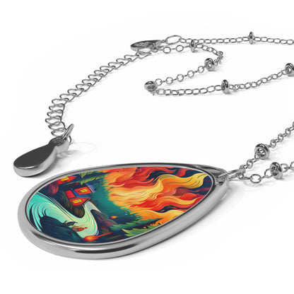 Forest Fire Oval Pendant, Woodland Jewelry, Unique Nature Gift, Bright Color Painting Necklace, Fishing
