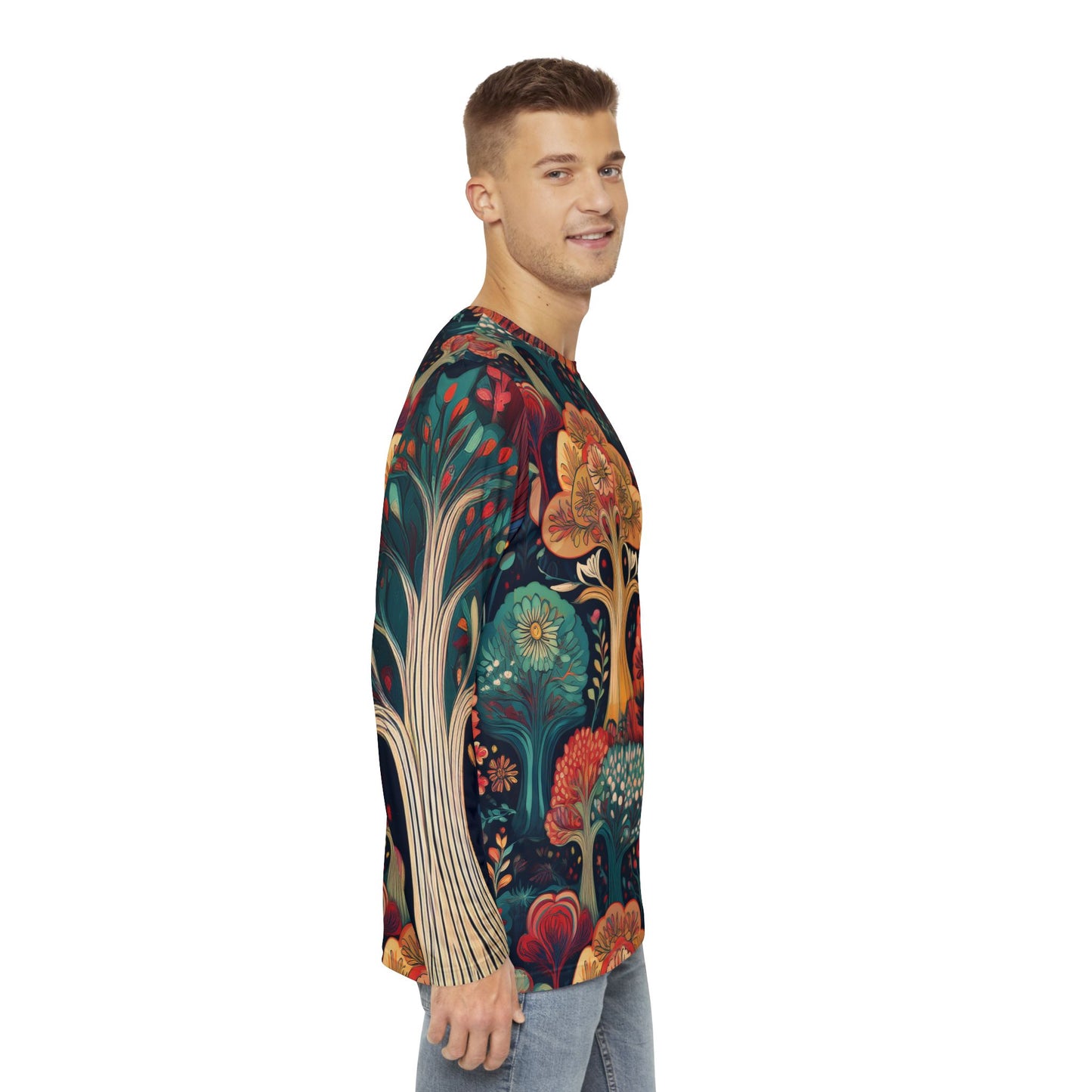 Nature-Inspired Men’s Long Sleeve Shirt - Vibrant Forest Design for Casual Style