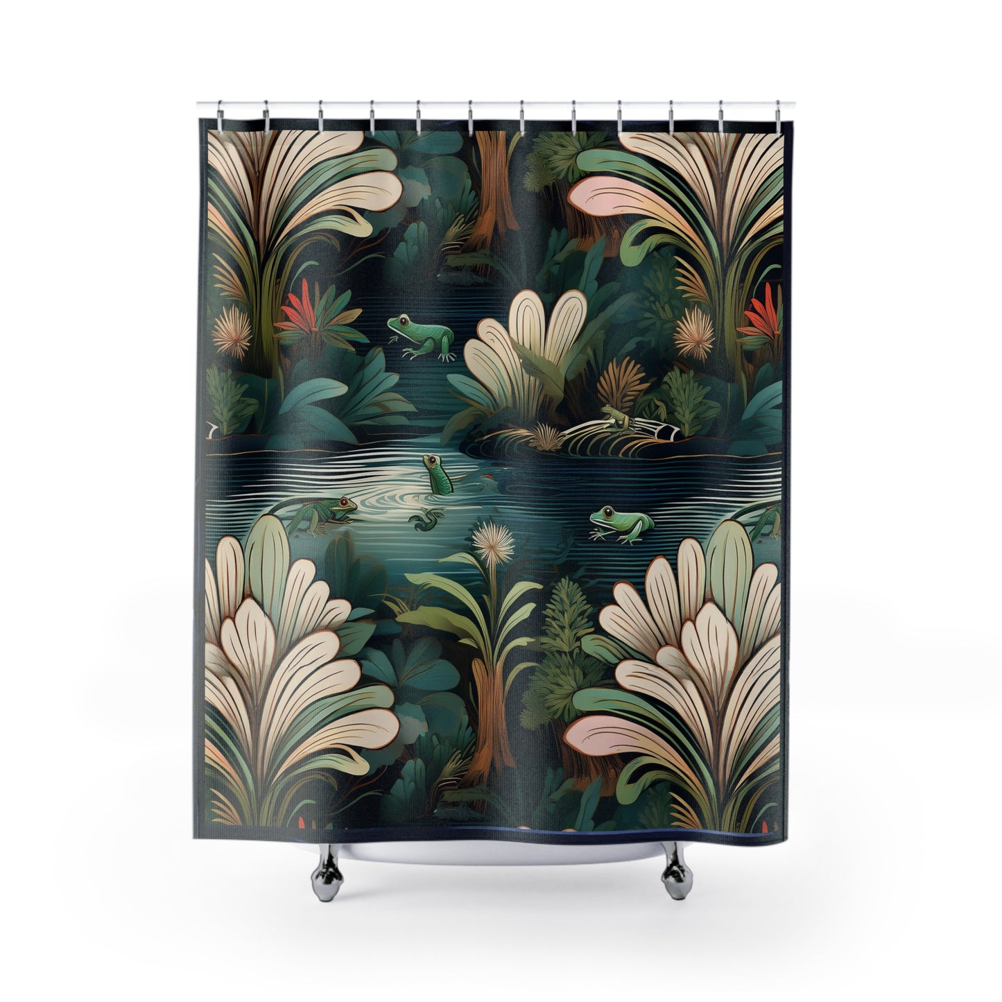 Nature-Inspired Shower Curtain with Frogs and Plants Design | Tropical Bathroom Decor