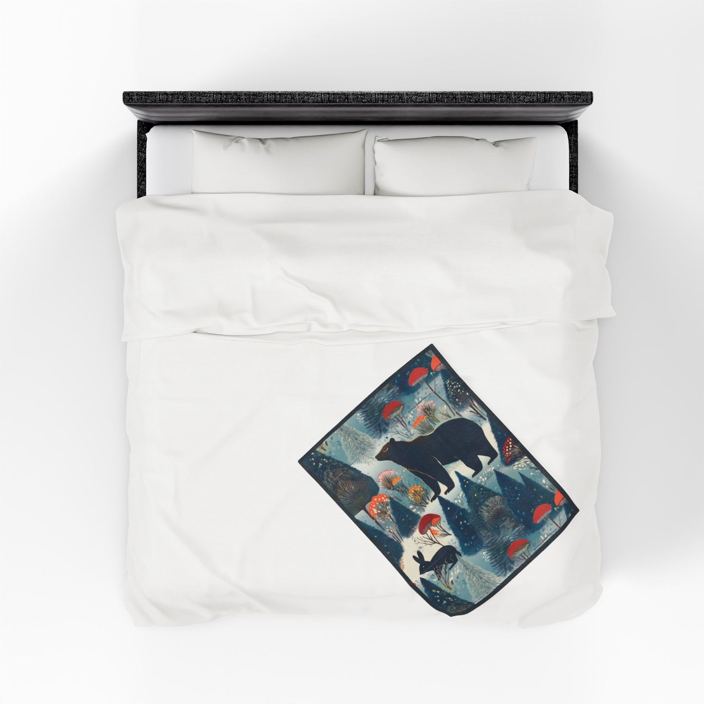 Winter Forest Bear & Rabbit Plush Blanket — Cozy Woodland Throw with Evergreen, Bear, Rabbit & Mushroom Design