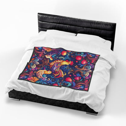 Colorful Rooster and Chicks Velveteen Plush Blanket | Folk Floral Pattern