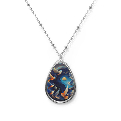 Colorful Bird Design Oval Necklace, Nature Jewelry Gift, Bohemian Pendant, Everyday Wear, Bird Lover Accessories, Unique Present