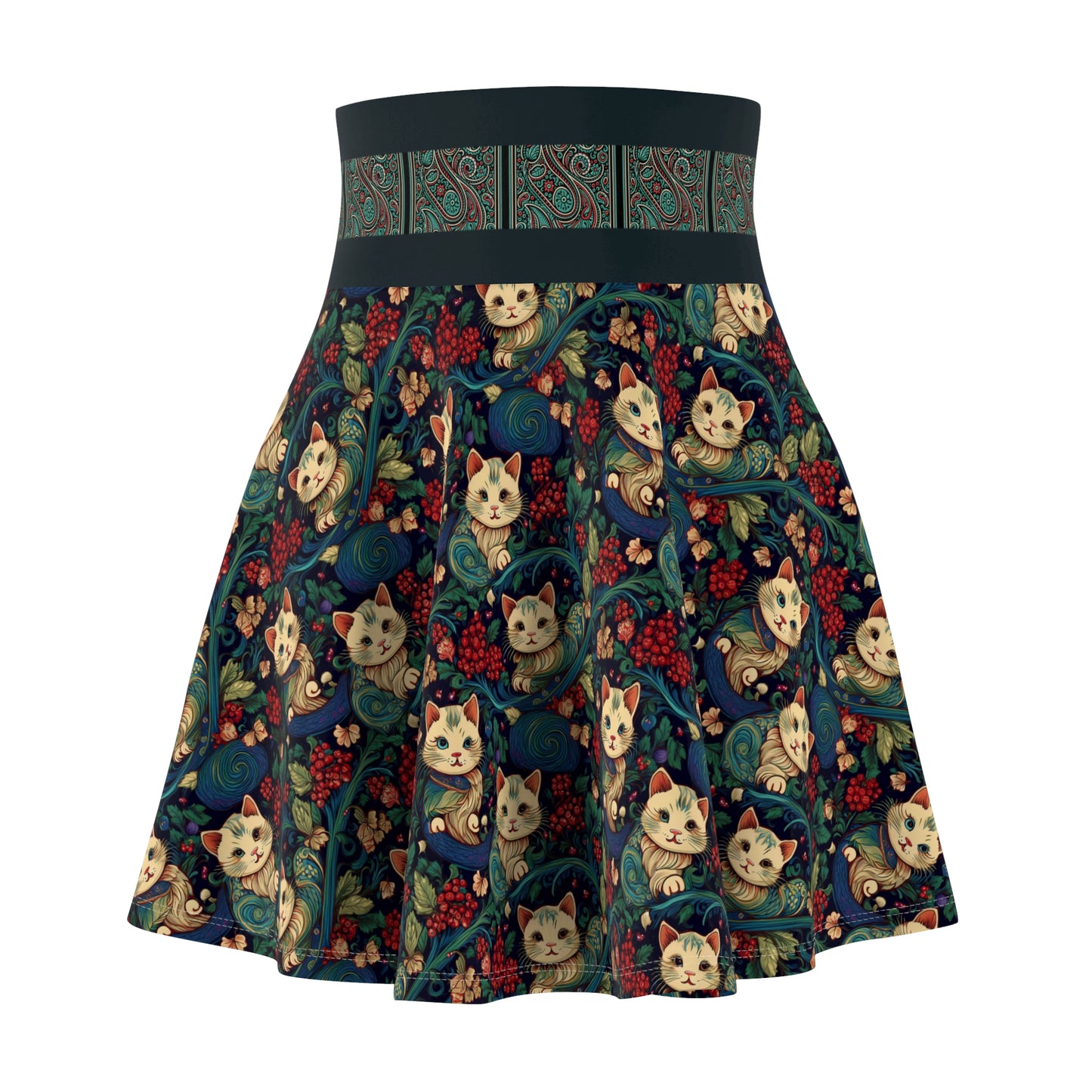 Whimsical Cat Print Skater Skirt for Women - Fun and Playful Design