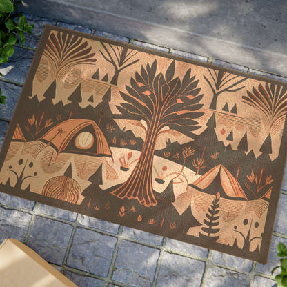 Evergreen Forest Camping Doormat — Tents & Pines Outdoor Welcome Mat