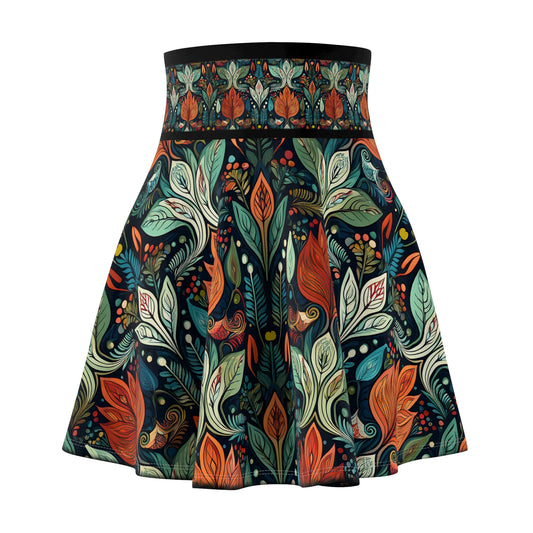Skater Skirt, Retro Style Green & Gold Leaf Botanical Pattern, Wide Belt, Women's Fashion, Stylish A-Line Skirt, Flared Midi Skirt, Vintage