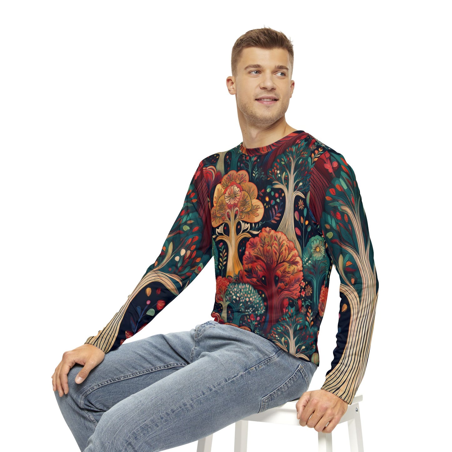 Nature-Inspired Men’s Long Sleeve Shirt - Vibrant Forest Design for Casual Style