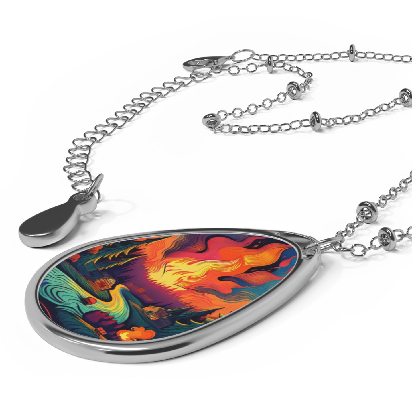 Forest Fire Float, Oval Necklace, Unique Jewelry for Space Enthusiasts, Colorful Anniversary Pendant, Fishing Gift, Handmade Beaded