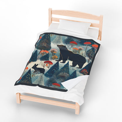 Winter Forest Bear & Rabbit Plush Blanket — Cozy Woodland Throw with Evergreen, Bear, Rabbit & Mushroom Design