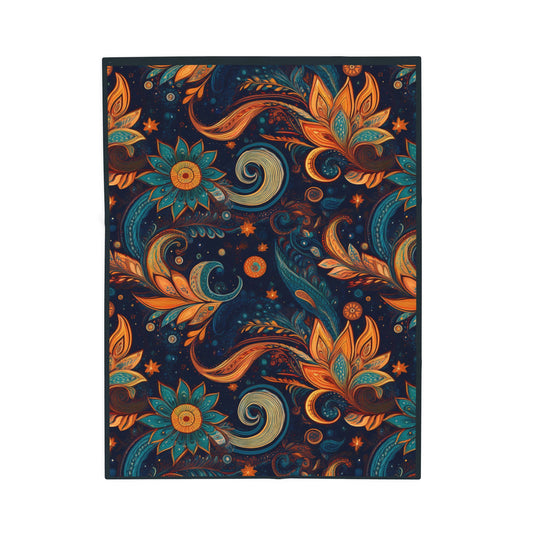 Velveteen Plush Blanket, Blue and Gold Lily Pattern, Psychedelic Vintage Classic, Complimentary Colors, Cozy Home Decor, Soft Throw Blanket,