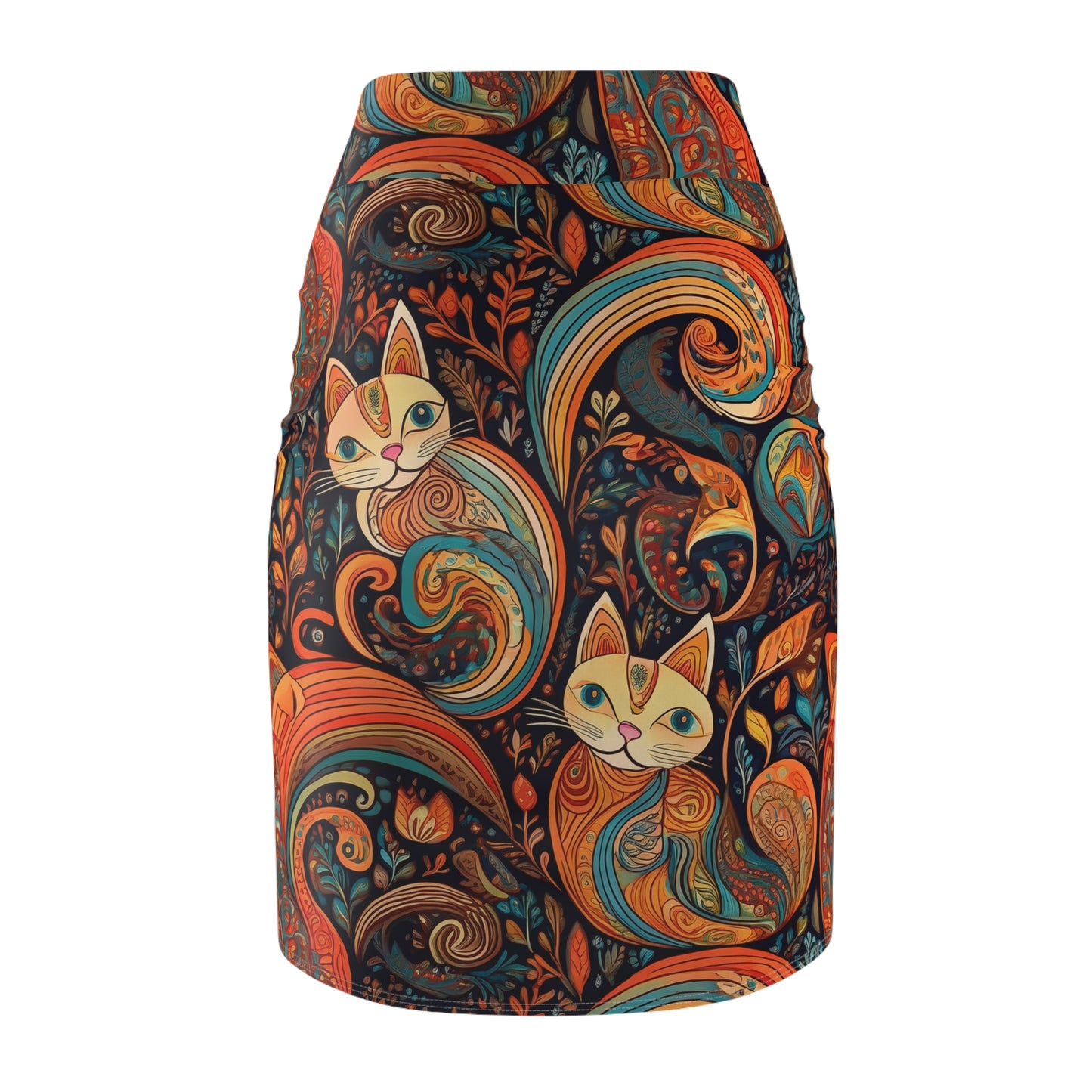Bohemian Cat Print Women's Pencil Skirt - Stylish & Unique Fashion Statement
