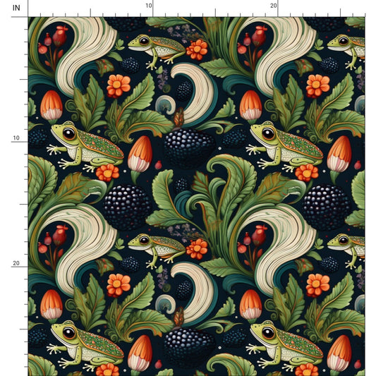Repeat Pattern Fabric, Green Frogs and Blackberries