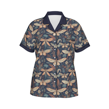 All-Over Print Women’s Imitation Silk Pajama Set With Short Sleeves - Nouveau Dragonflies - Pajamas
