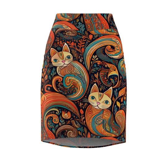 Bohemian Cat Print Women’s Pencil Skirt - Stylish & Unique Fashion Statement - XS / 4 oz. - All Over Prints