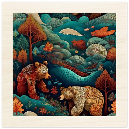 Rustic Wood Print - Brown Bears in Foggy Moonlit Forest - Eco-Friendly Art Decor