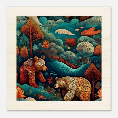 Rustic Wood Print - Brown Bears in Foggy Moonlit Forest - Eco-Friendly Art Decor