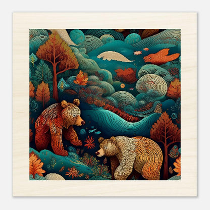 Rustic Wood Print - Brown Bears in Foggy Moonlit Forest - Eco-Friendly Art Decor