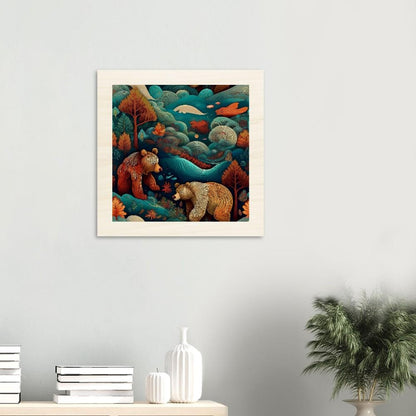 Rustic Wood Print - Brown Bears in Foggy Moonlit Forest - Eco-Friendly Art Decor